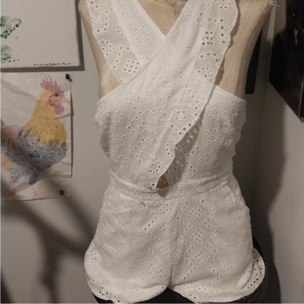 Pink Lily White Eyelet Cross-Back Romper - Picture 3 of 13